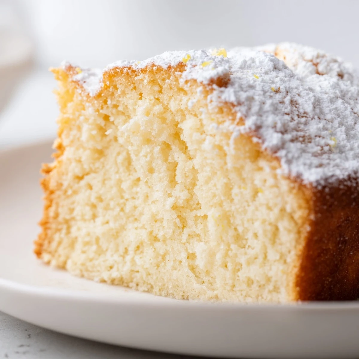 Close-up of fluffy yogurt cloud cake served on a dessert plate with lemon zest garnish.