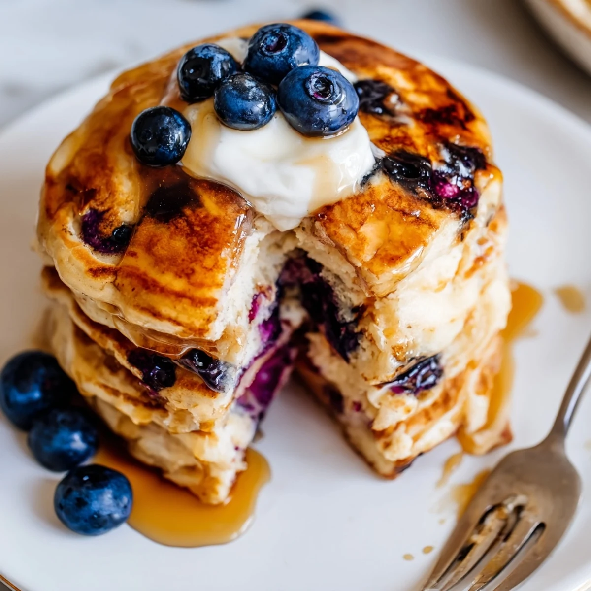 Fluffy Greek Yogurt Blueberry Pancakes stacked high with a pat of melting butter and drizzled with warm maple syrup.