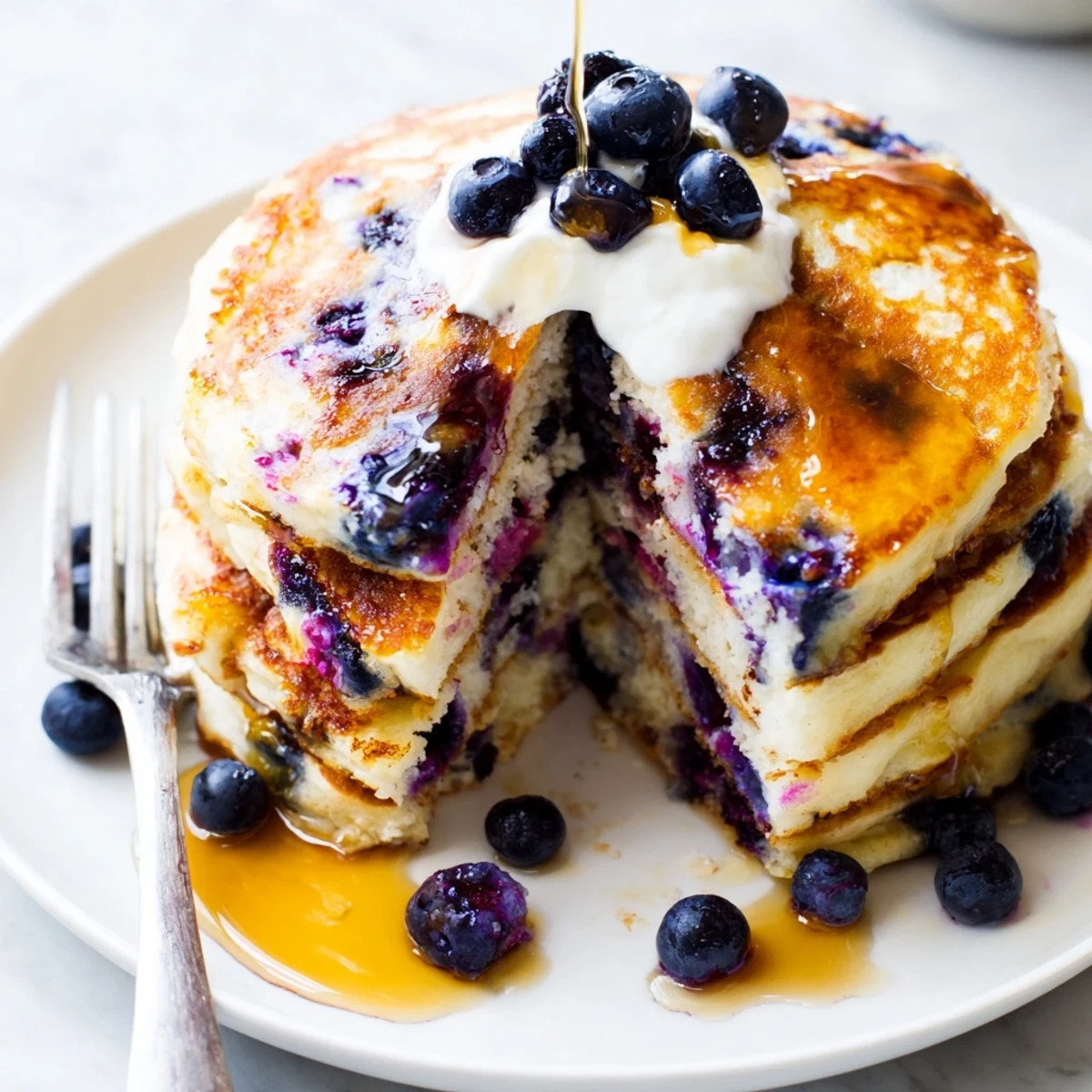 A close up of Fluffy Greek Yogurt Blueberry Pancakes showing fluffy texture and burst blueberries on a white plate.