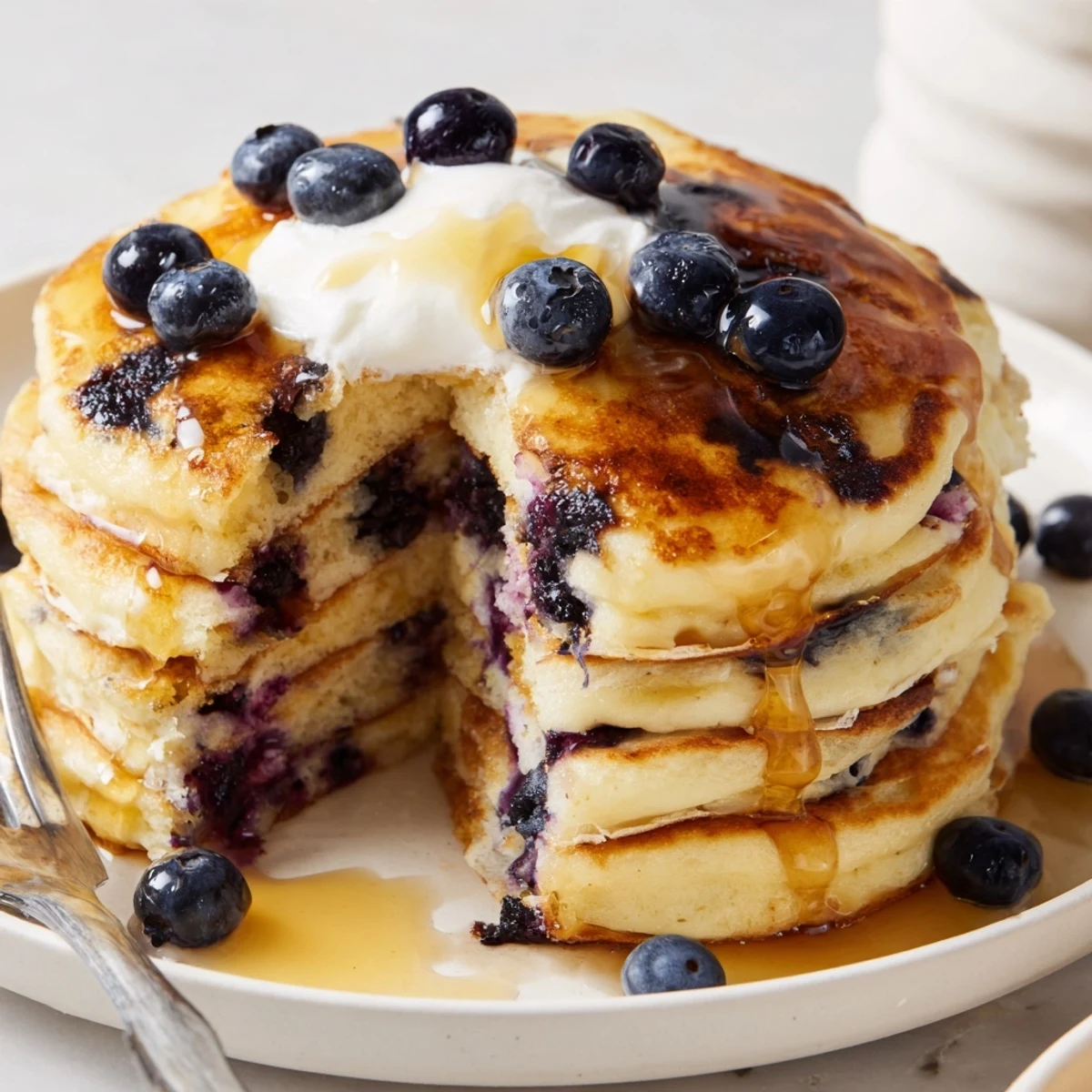 Freshly cooked Fluffy Greek Yogurt Blueberry Pancakes served with a side of blueberries and a dollop of Greek yogurt.