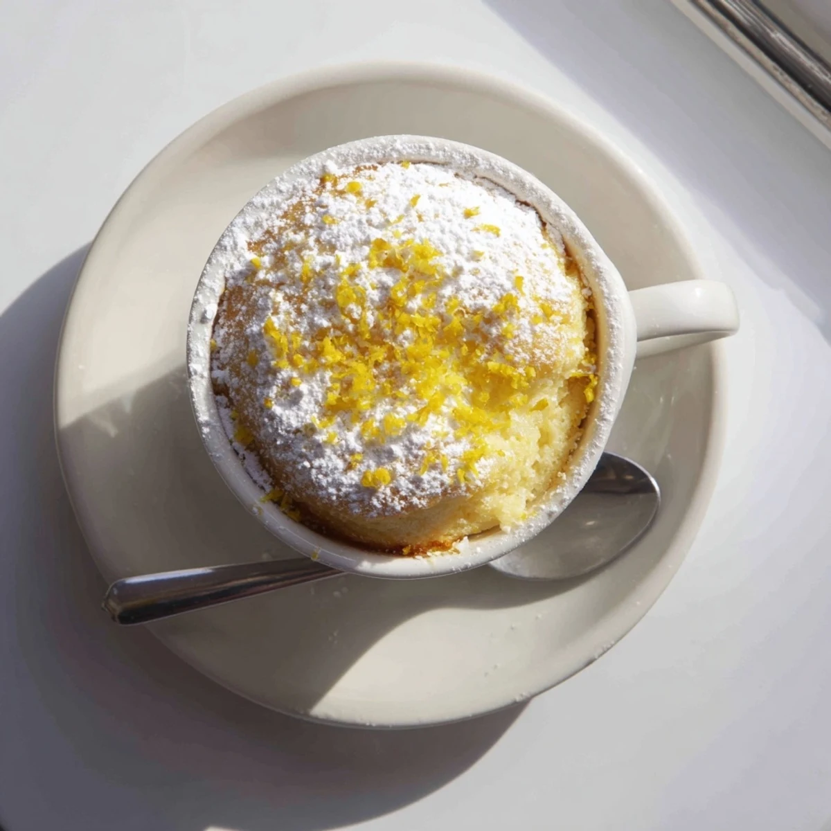 Freshly microwaved Lemon Cottage Cheese Mug Cake with a fluffy texture, zesty aroma, and a light dusting of powdered sugar for a sweet finish.