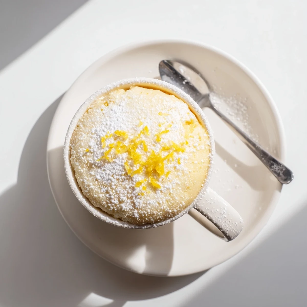A single-serving Lemon Cottage Cheese Mug Cake garnished with lemon zest, served warm beside a spoonful of creamy yogurt in a cozy mug.