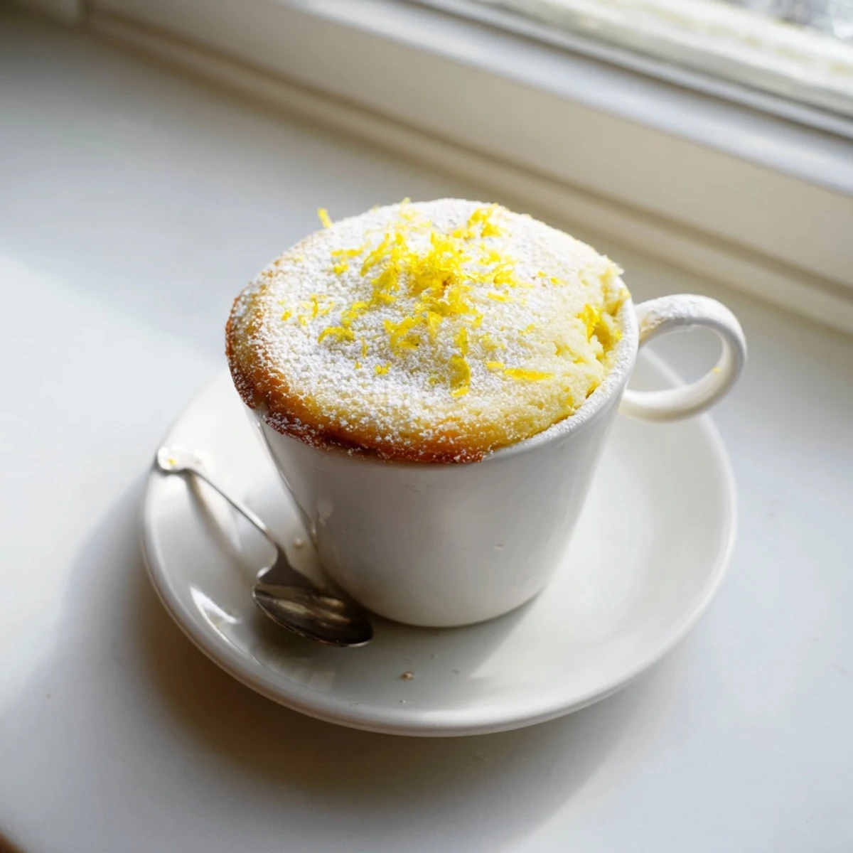 Whisked ingredients for an easy Lemon Cottage Cheese Mug Cake inside a mug, ready for a quick microwave bake and a bright, tangy dessert.