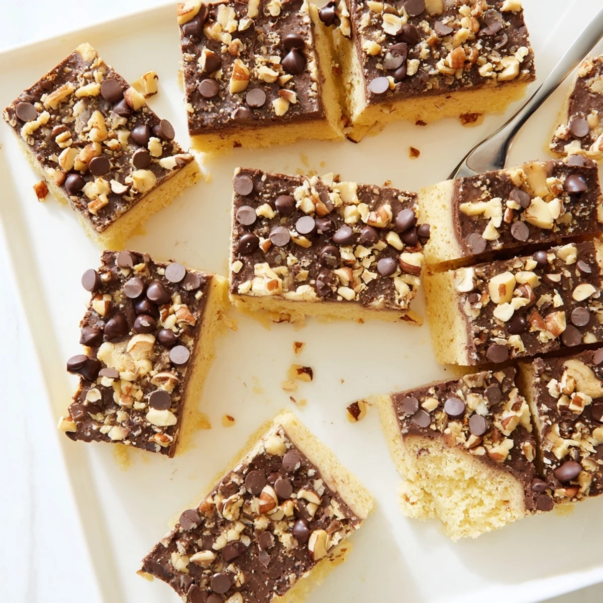 A close-up of golden-brown Cake Mix Toffee Bars cut into squares, with melted chocolate and crunchy toffee bits glistening on top, ready to serve.