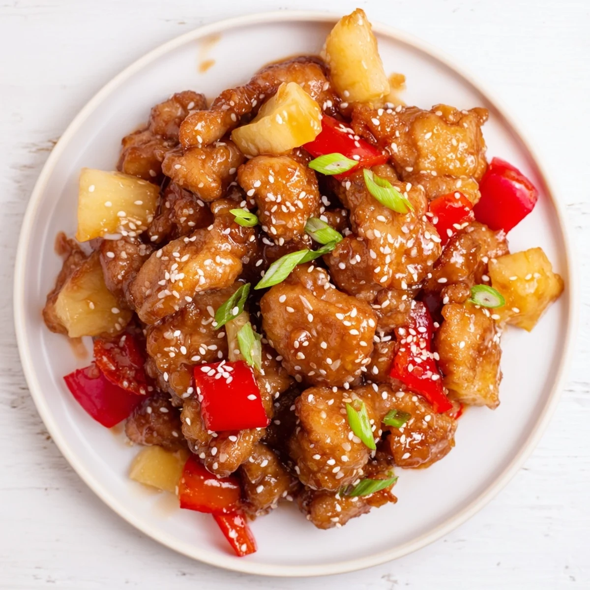 Golden-brown pieces of Sticky Pineapple Chicken coated in a glossy, sweet and tangy sauce served over white rice.