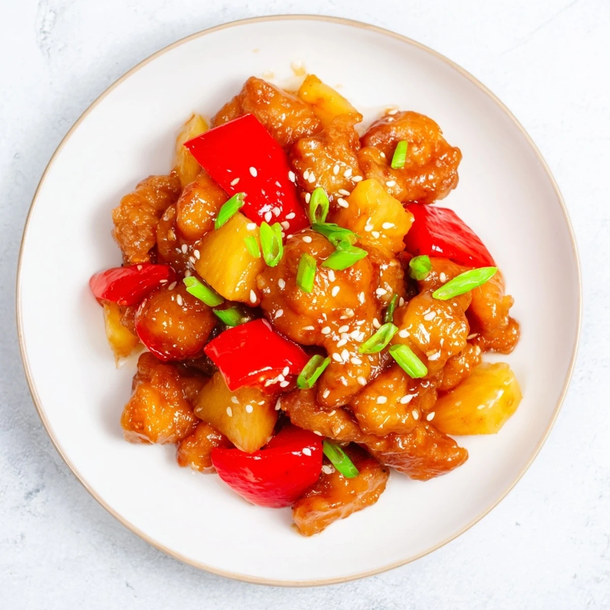 Sticky Pineapple Chicken with juicy pineapple chunks and diced red bell peppers simmering in a savory glaze.