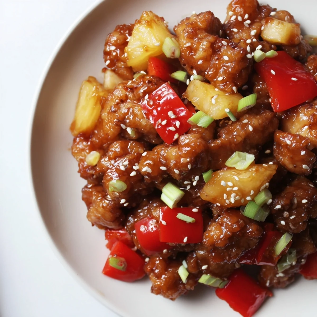 Garnished Sticky Pineapple Chicken topped with fresh green onions and sesame seeds, ready to be eaten with chopsticks.