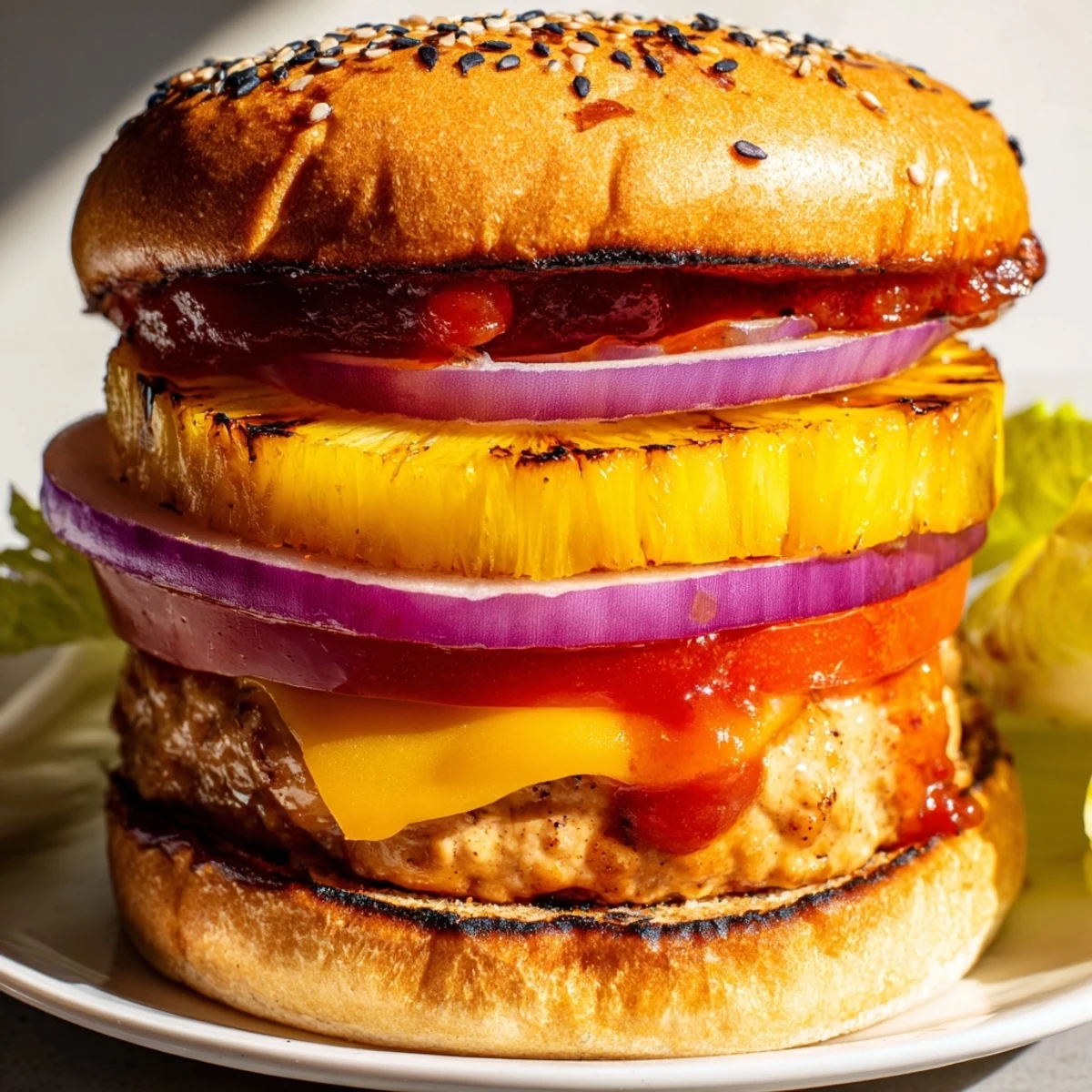 A juicy Hawaiian Pineapple Chicken Burger with grilled pineapple and barbecue sauce on a toasted bun.