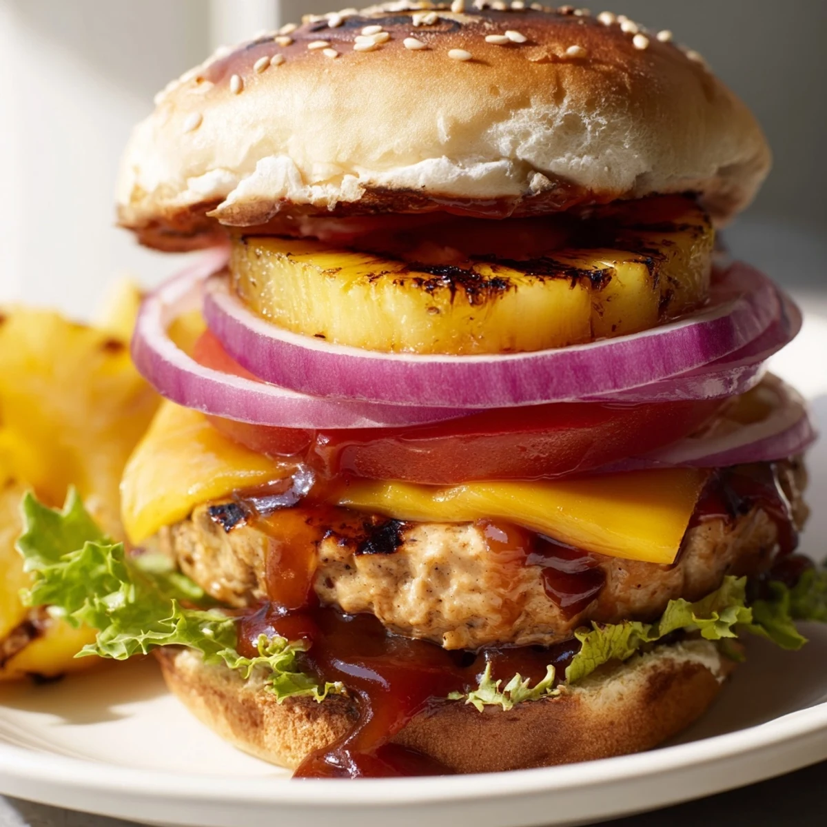 The finished Hawaiian Pineapple Chicken Burger, served on a plate with a side of coleslaw for a complete meal.