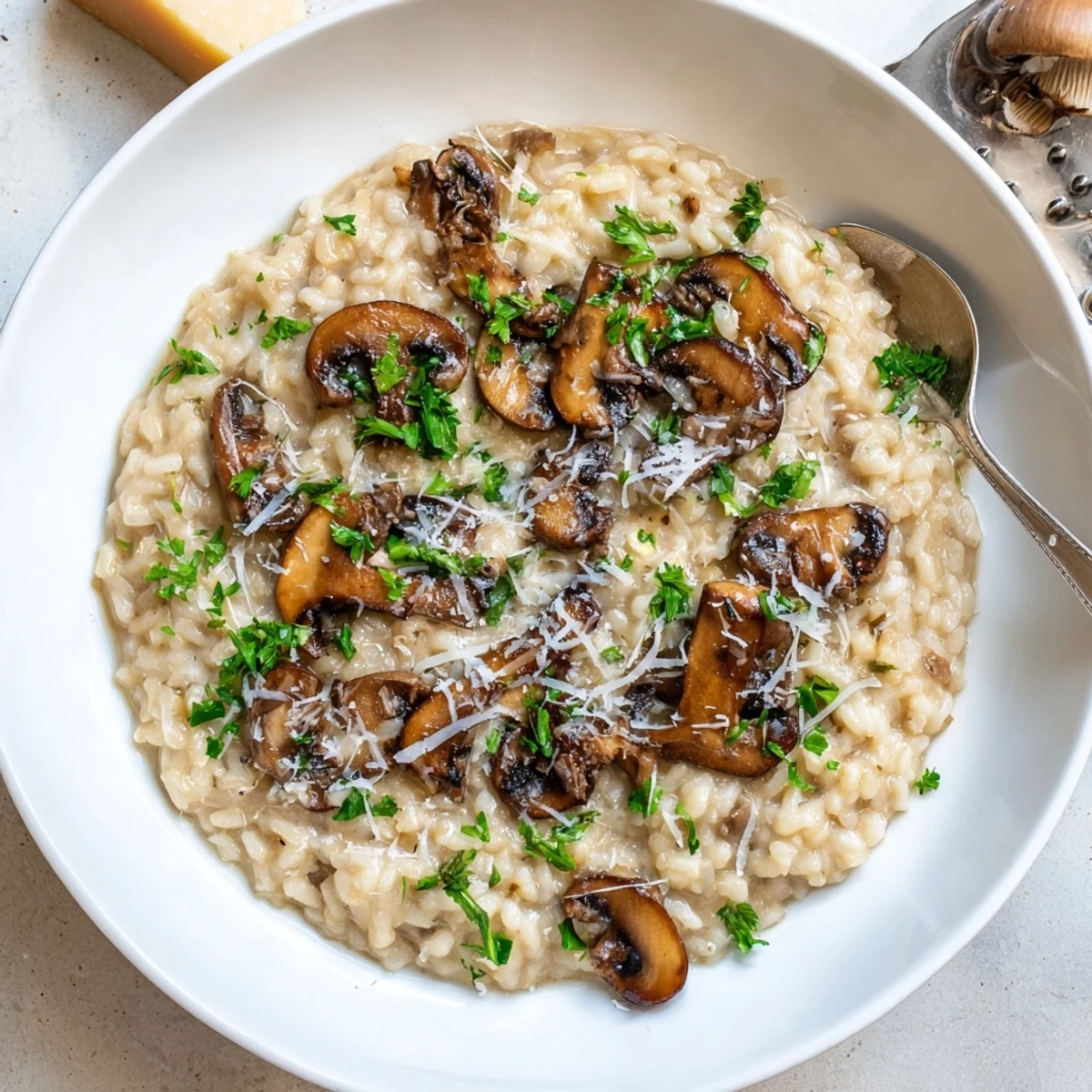 A warm bowl of Creamy Mushroom Risotto topped with fresh parsley and extra Parmesan, served as a comforting Italian main dish.