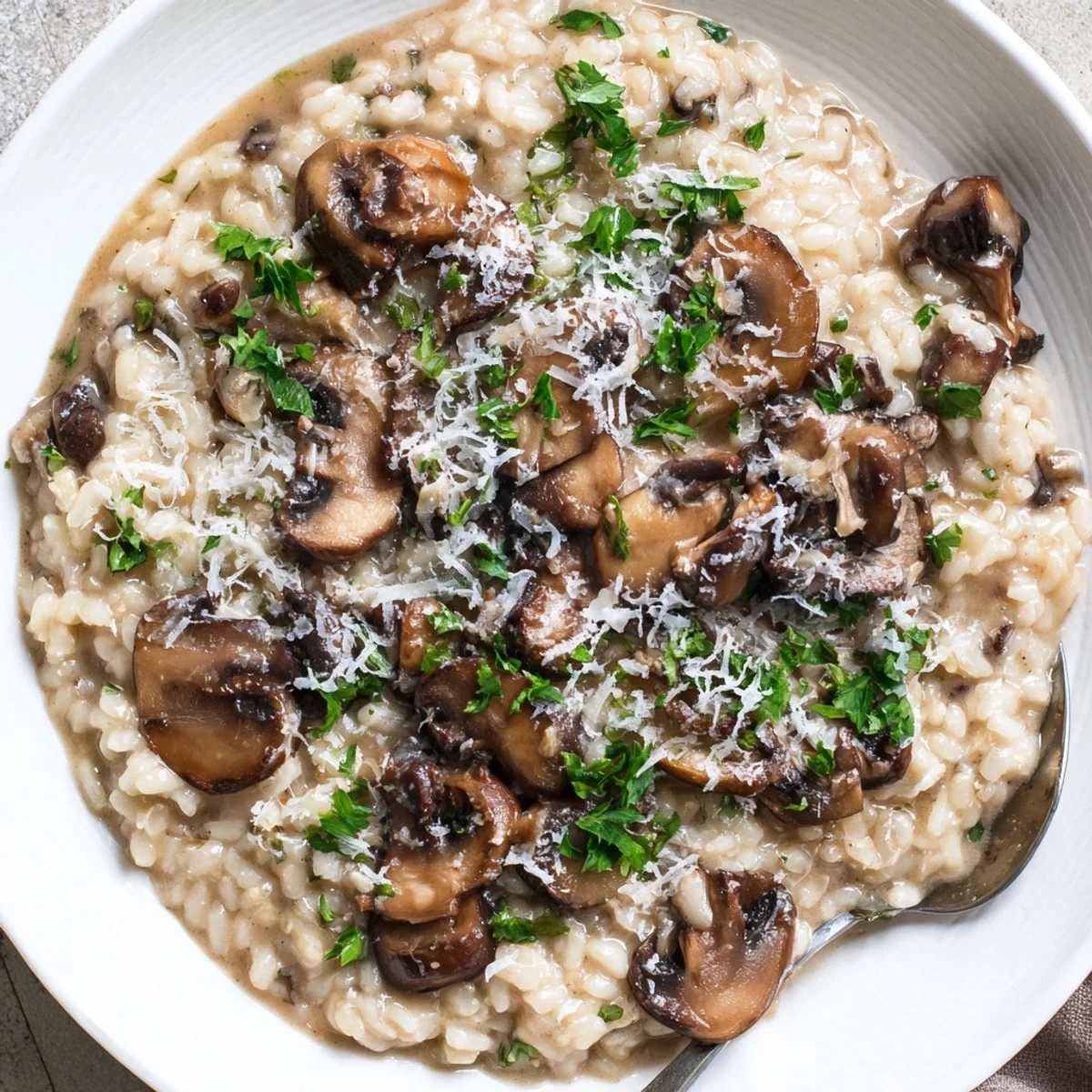 Creamy Mushroom Risotto steaming in a skillet, featuring earthy mushrooms and velvety texture, perfect for a cozy vegetarian dinner.