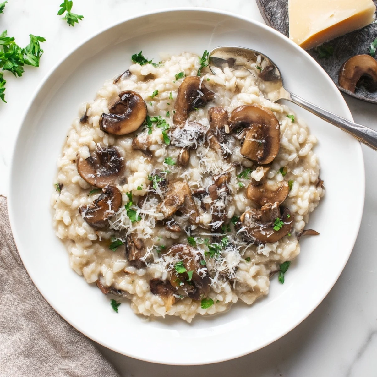 This Creamy Mushroom Risotto is plated with golden sautéed mushrooms and a sprinkle of cheese, ideal for mushroom lovers.