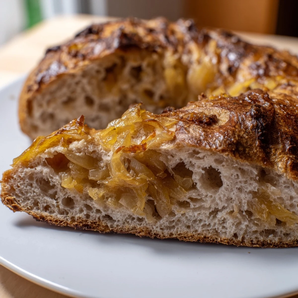 Freshly baked Sourdough Onion Bagels showcasing a glossy crust and tender crumb, arranged on a rustic kitchen counter.