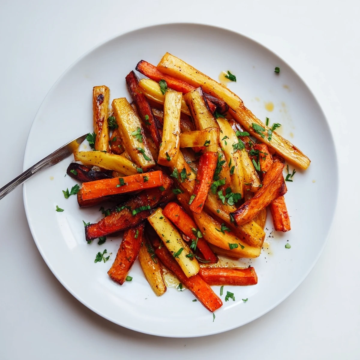 The Tarragon and Honey Parsnips and Carrots sit garnished with parsley, ready to accompany a weeknight dinner plate.