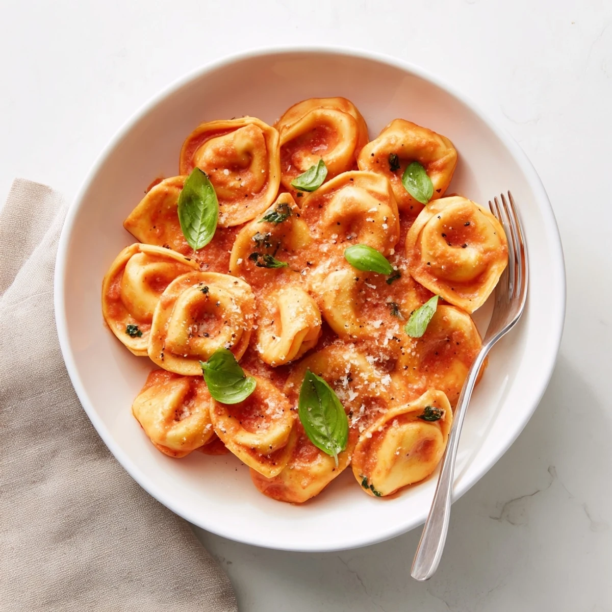A close-up of tender mozzarella tortellini swimming in a bright red Italian tomato sauce, ready to serve.