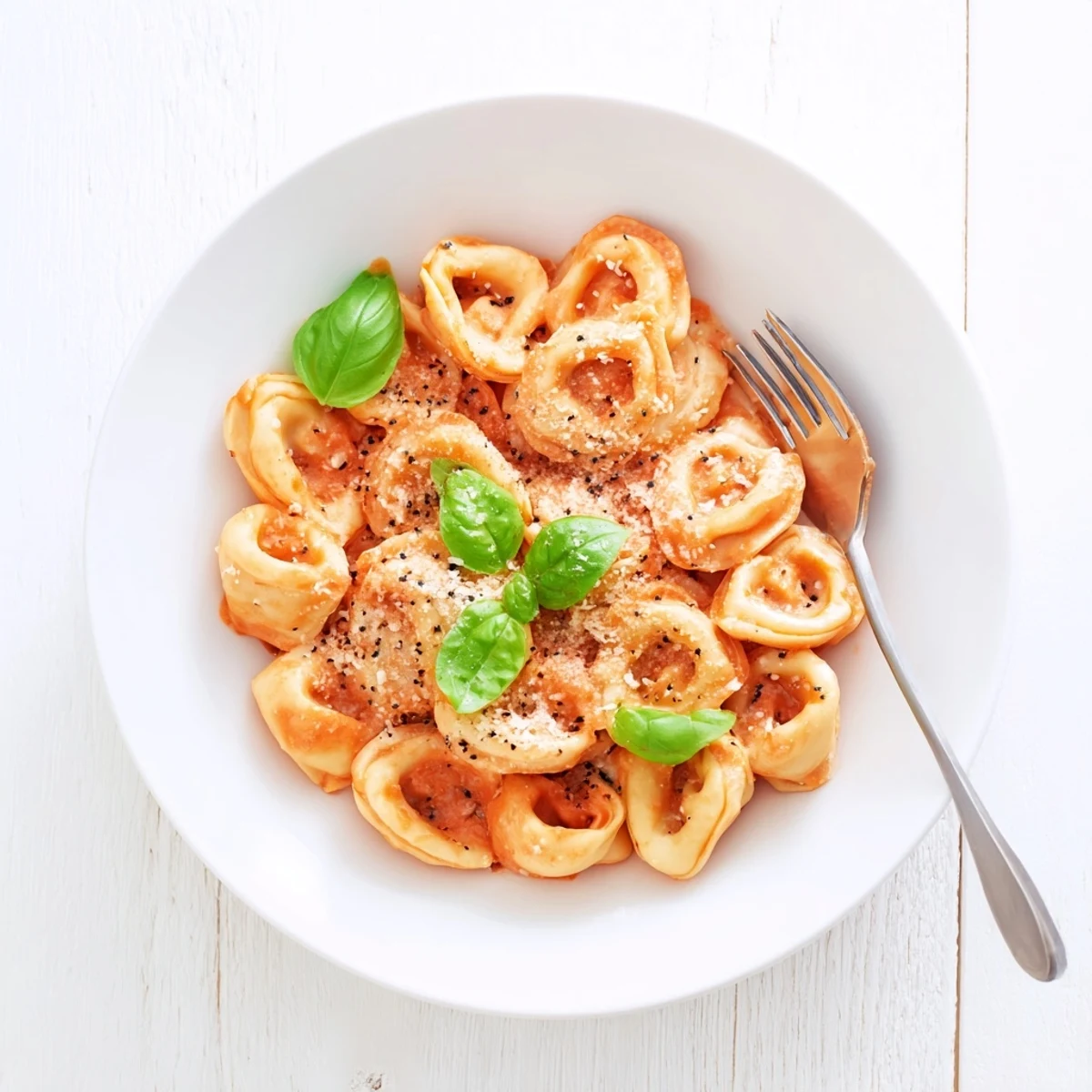 Freshly made mozzarella tortellini pasta with rich tomato sauce and basil garnish on a rustic wooden table.