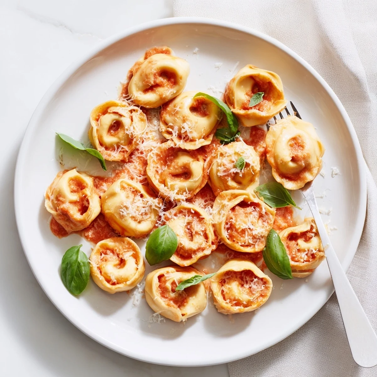 Perfectly cooked mozzarella tortellini topped with fresh basil and Parmesan, ideal for a weeknight dinner.