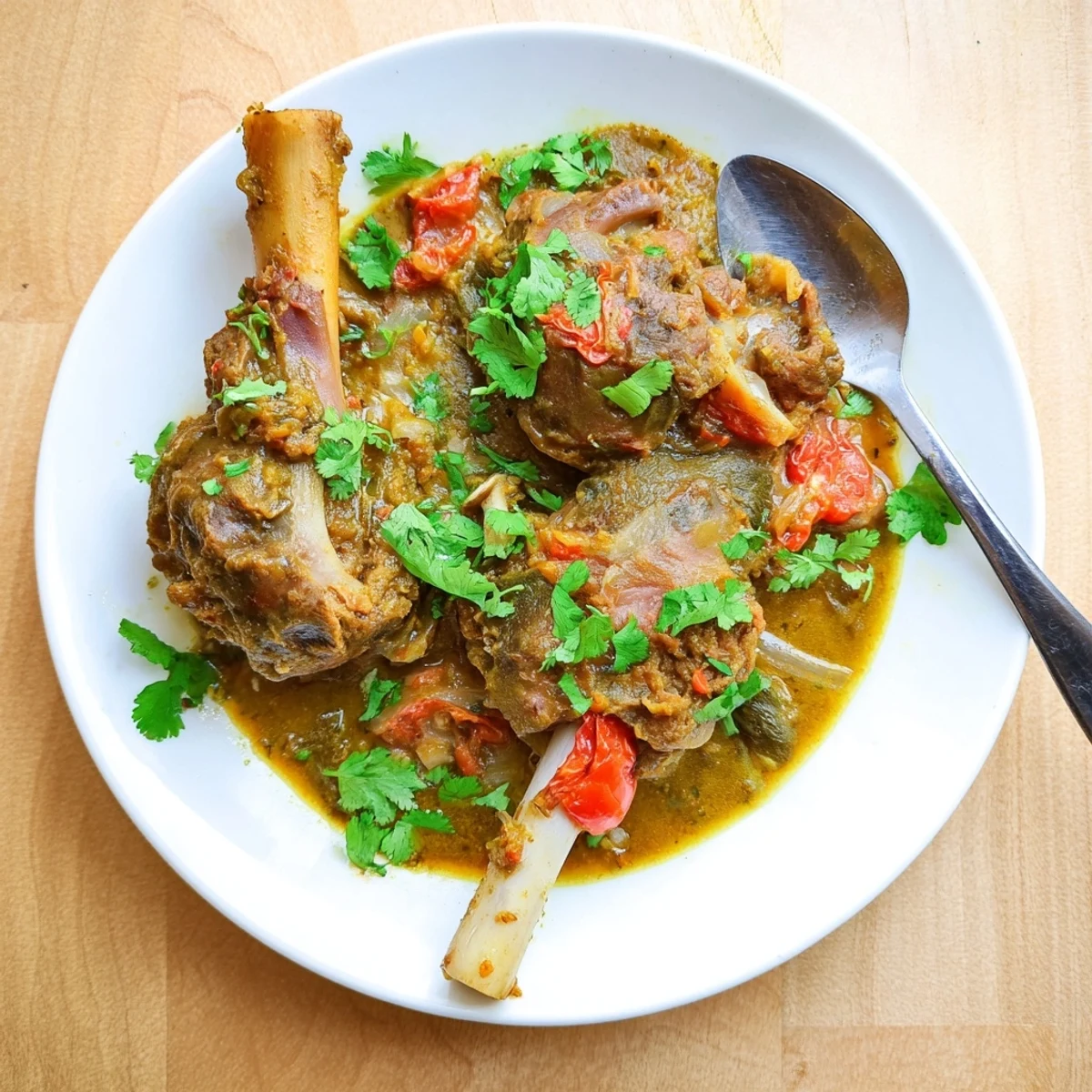 A close-up of Sri Lankan Lamb Shank Curry in a pot, the tender meat falling off the bone in a rich, creamy orange sauce.