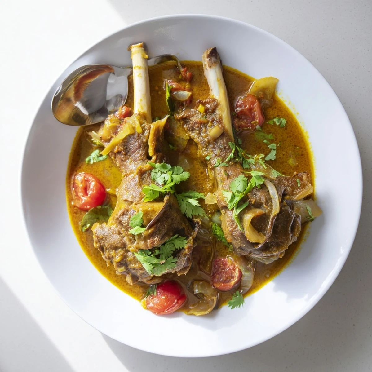 The pot of Sri Lankan Lamb Shank Curry with aromatic spices, tender shanks, and a thick, simmered sauce ready to serve.