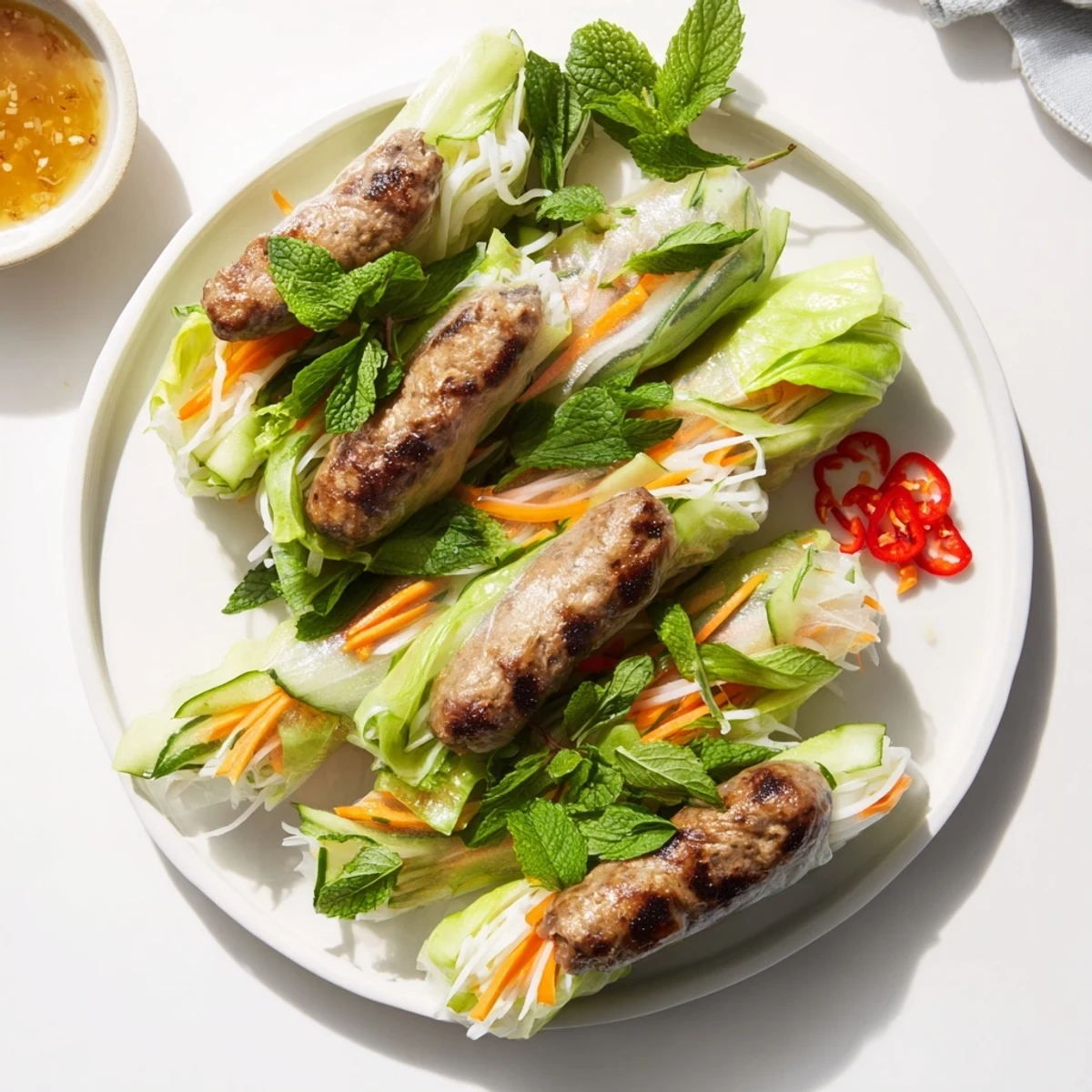 Freshly grilled Nem Nuong pork sausage nestled in a soft rice paper wrapper with crisp vegetables and fresh herbs, served with a vibrant dipping sauce.