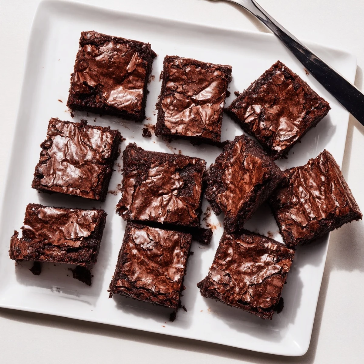 Perfect squares of Fudgy Brown Butter Mochi Brownies sit beside a glass of cold milk on a rustic table. 