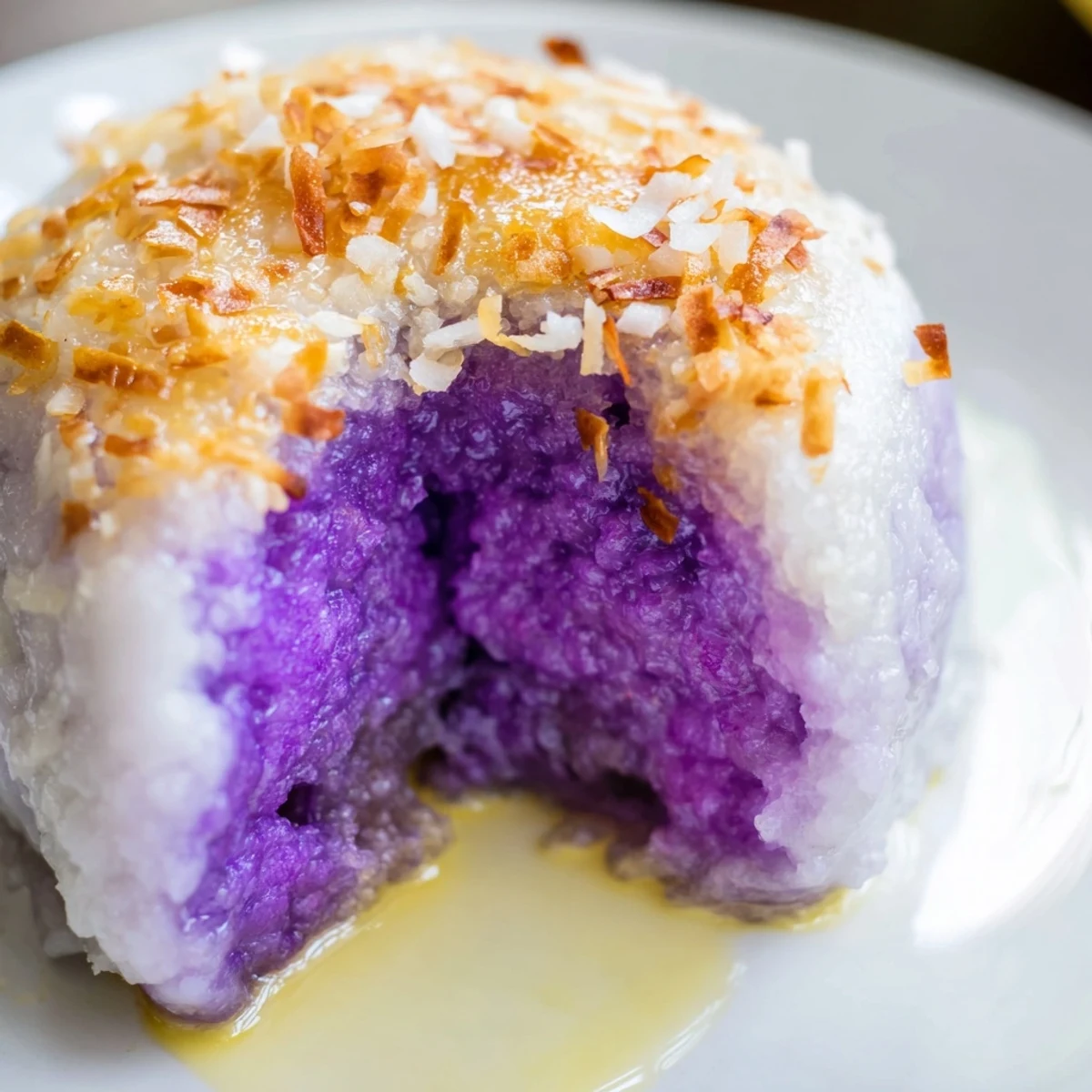 Warm Ube Mochi Pancakes stack high with a vibrant purple hue and chewy mochi texture, ready for maple syrup drizzle.