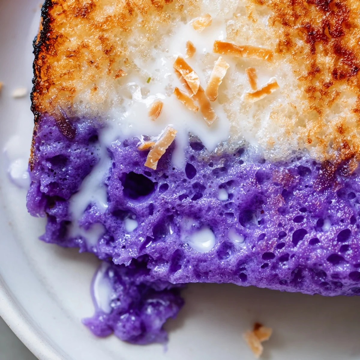 Ube Mochi Pancakes served with fresh mango slices and toasted coconut, perfect for a colorful Filipino fusion brunch plate.