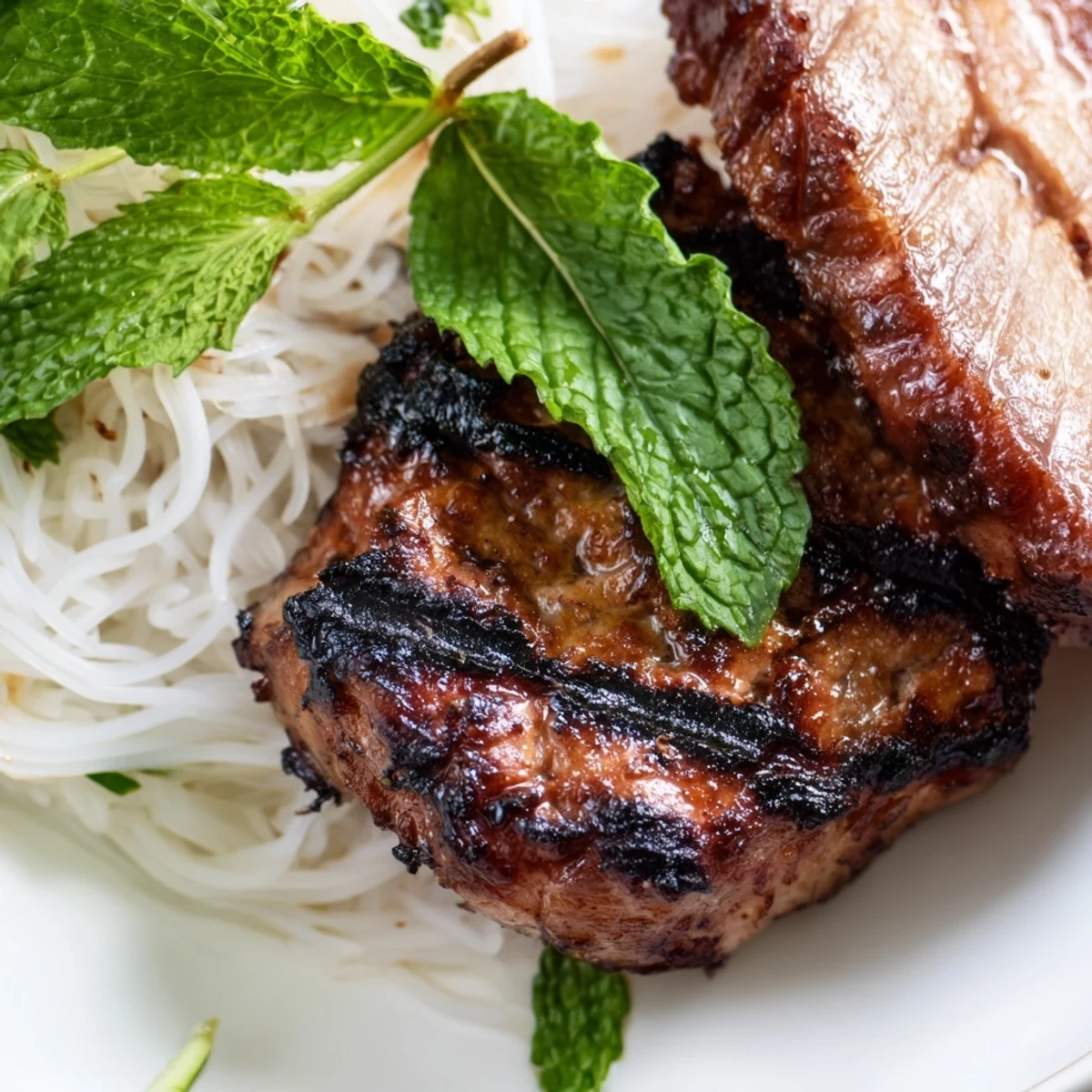 Steaming Bun Cha Hanoi featuring grilled pork belly, vermicelli noodles, and vibrant herbs on a plate.