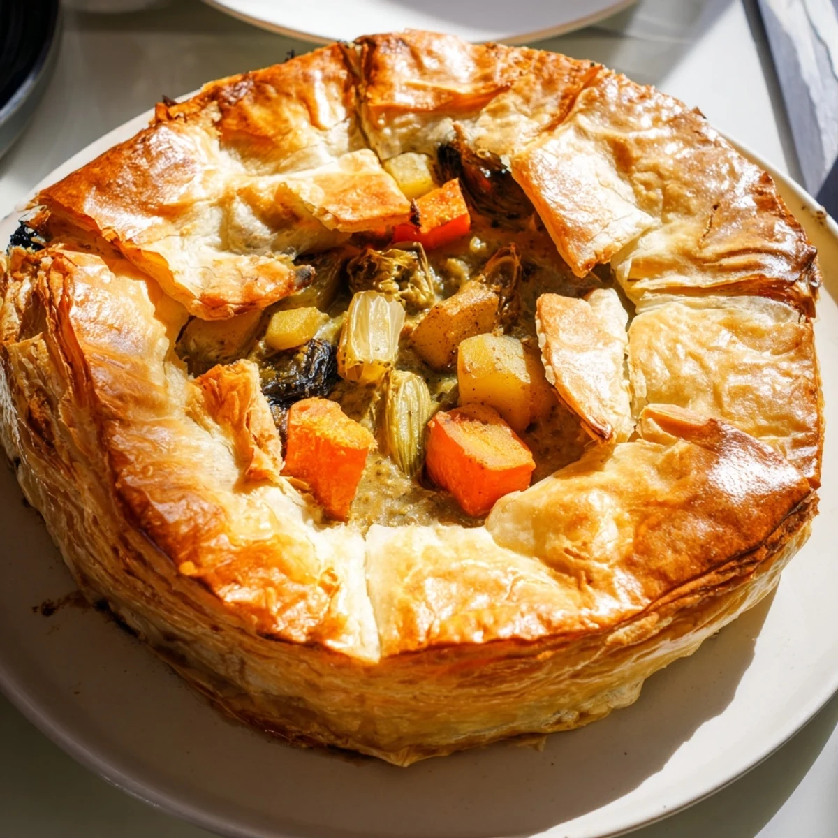 A slice of golden-crusted Leftover Roast Vegetable Pie reveals savory roasted veggies in a creamy herb filling.