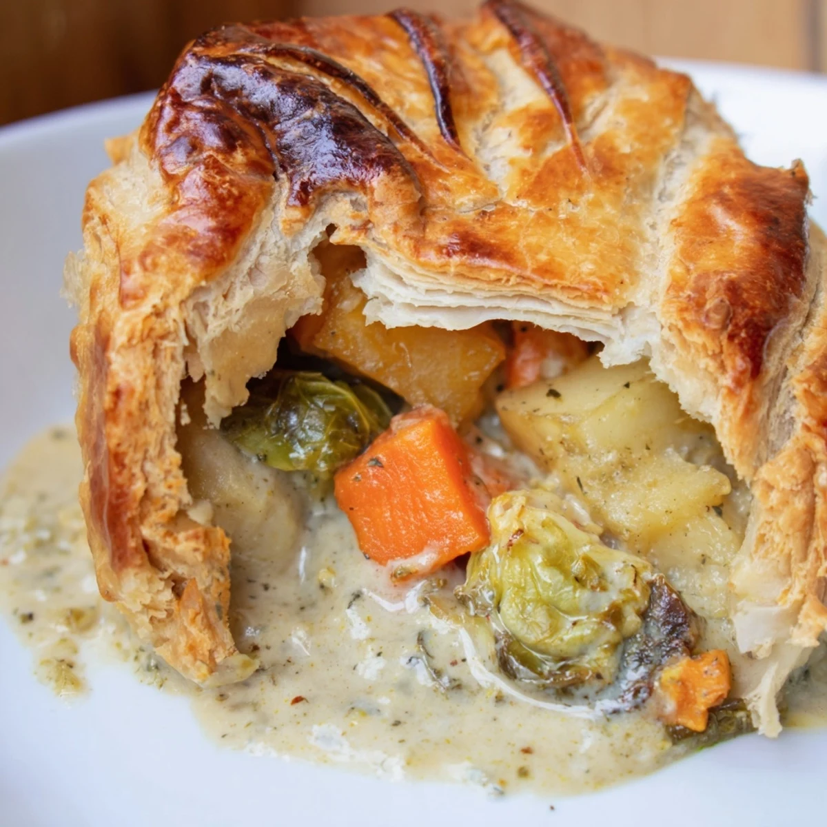 A hearty Leftover Roast Vegetable Pie rests beside a fresh green salad for a complete vegetarian dinner.