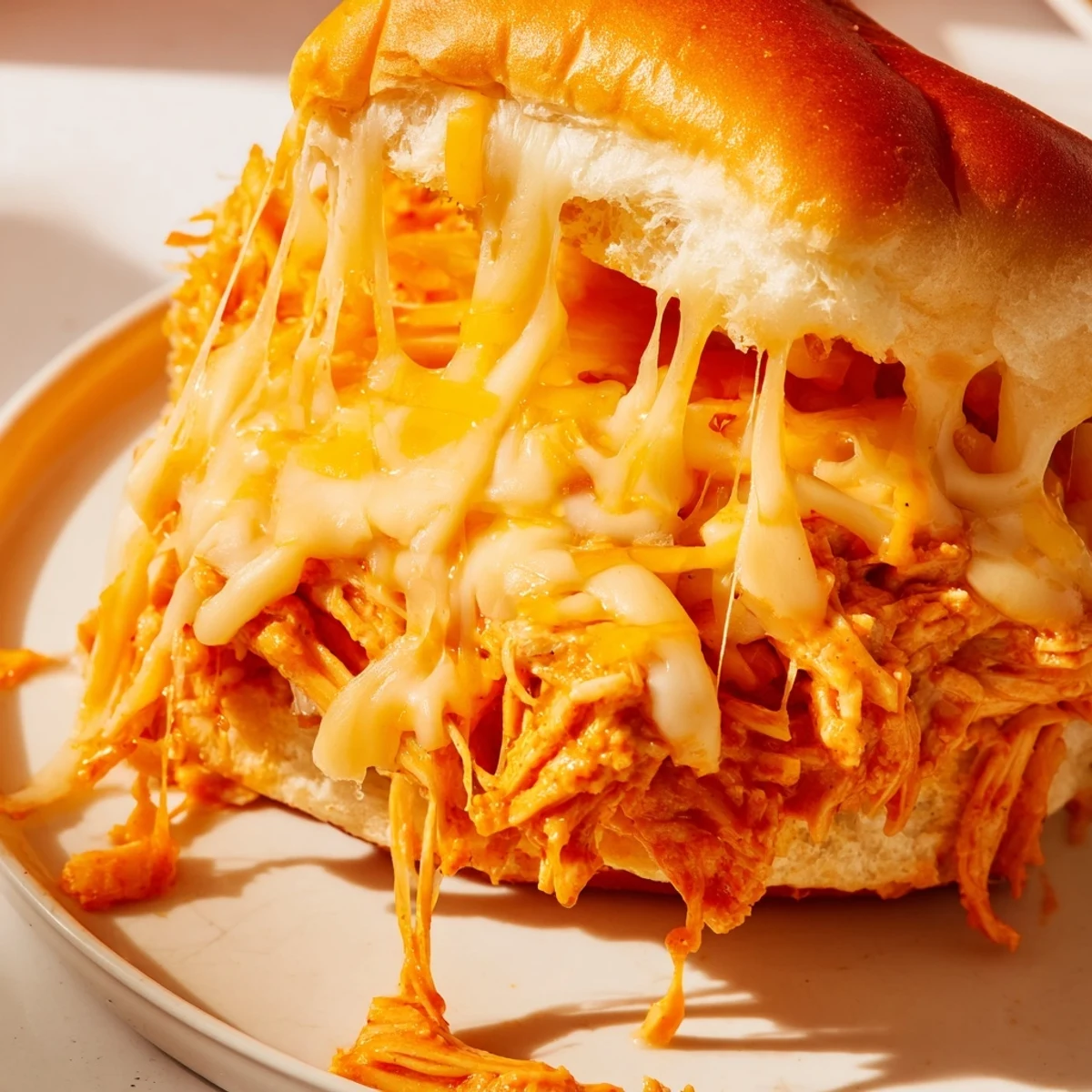 Savory Buffalo Chicken Pizza Dip Sliders served warm with a side of cool ranch dressing.