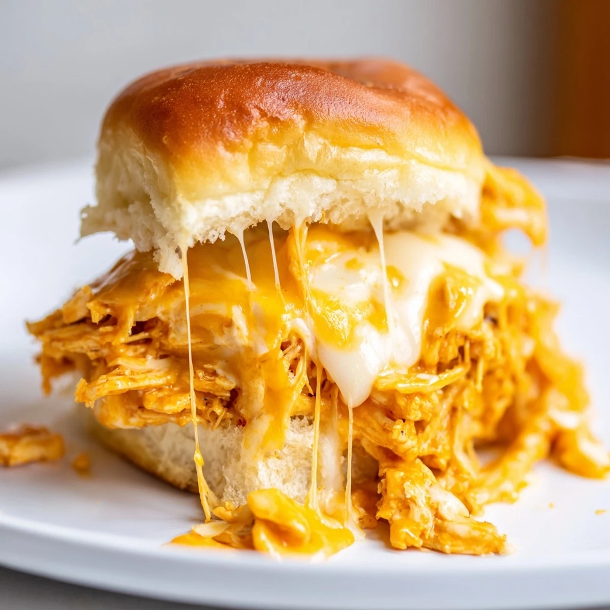 Spicy Buffalo Chicken Pizza Dip Sliders garnished with fresh chives and pickled jalapeños on a platter.