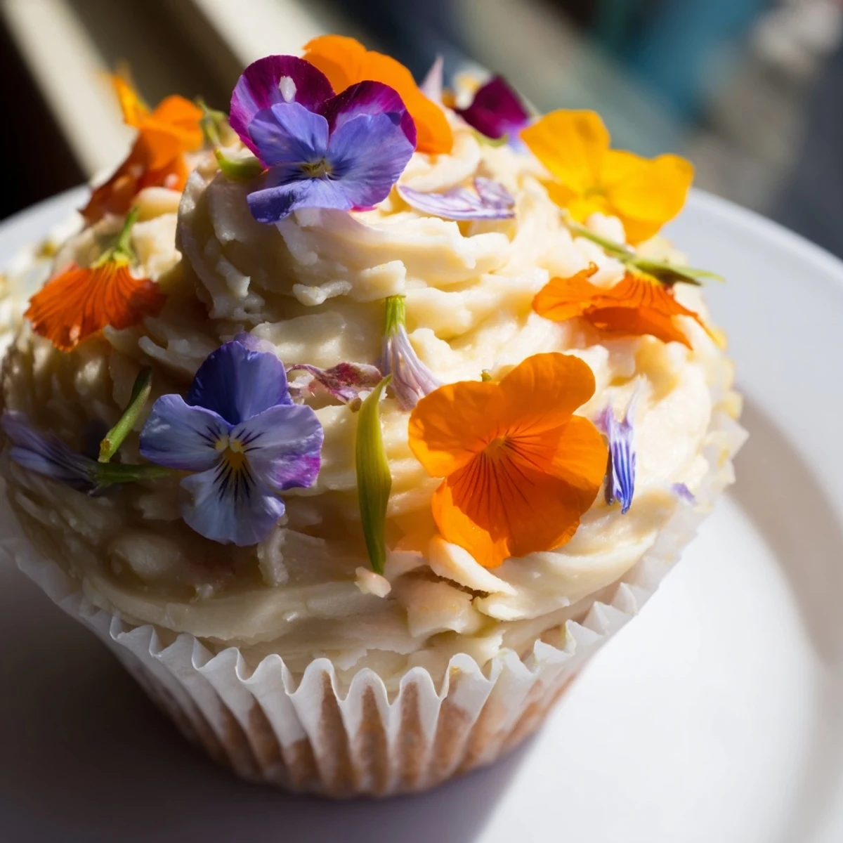 Freshly baked Wild Flower Cupcakes topped with pastel buttercream swirls and delicate edible pansies.  