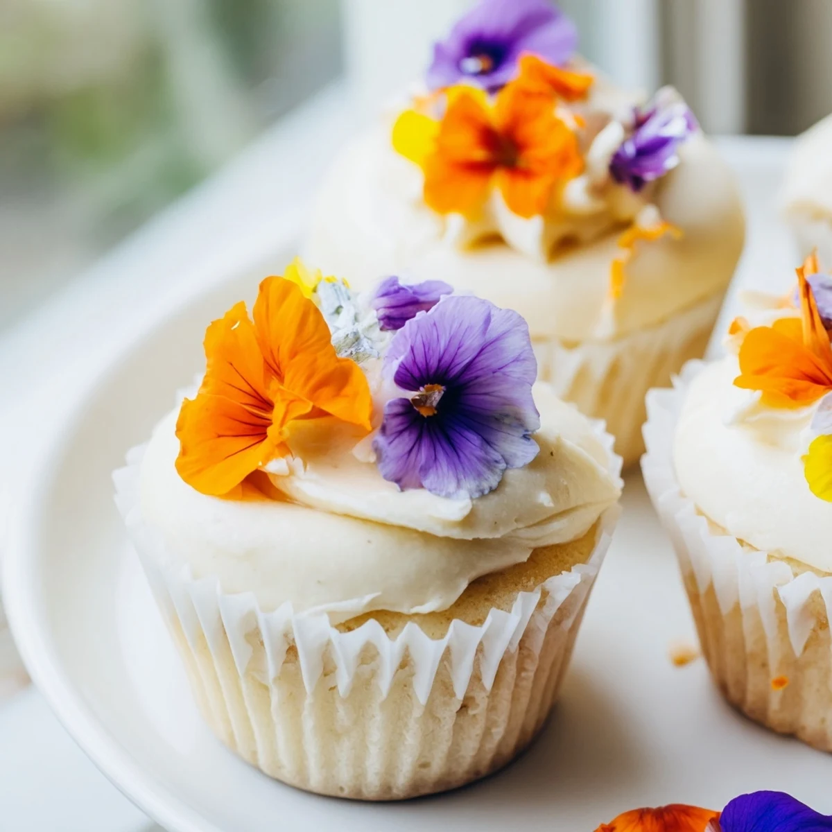 Cute Wild Flower Cupcakes arranged on a marble tray beside a steaming cup of floral tea.  