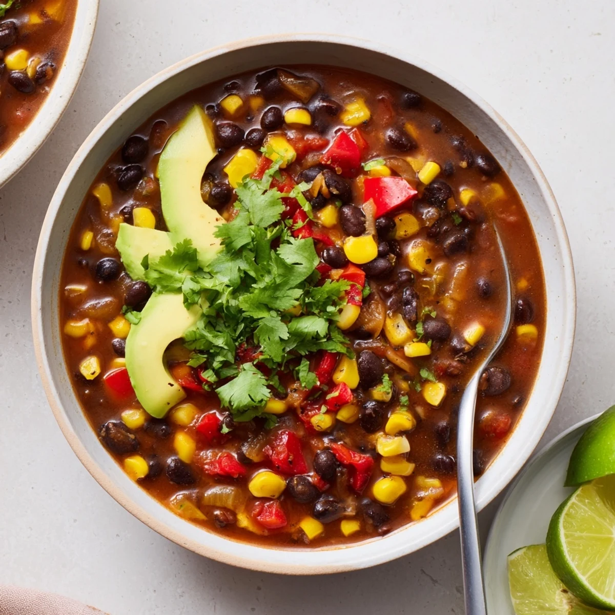 Steaming bowl of Black Bean Corn Chili Lime Delight topped with fresh avocado slices.