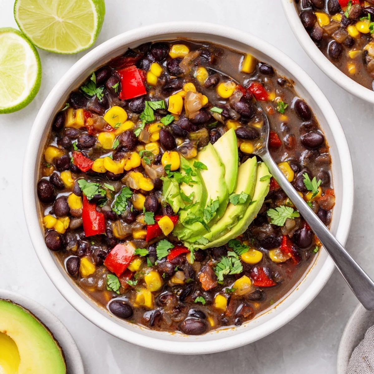 Black Bean Corn Chili Lime Delight in a rustic bowl with cilantro garnish.