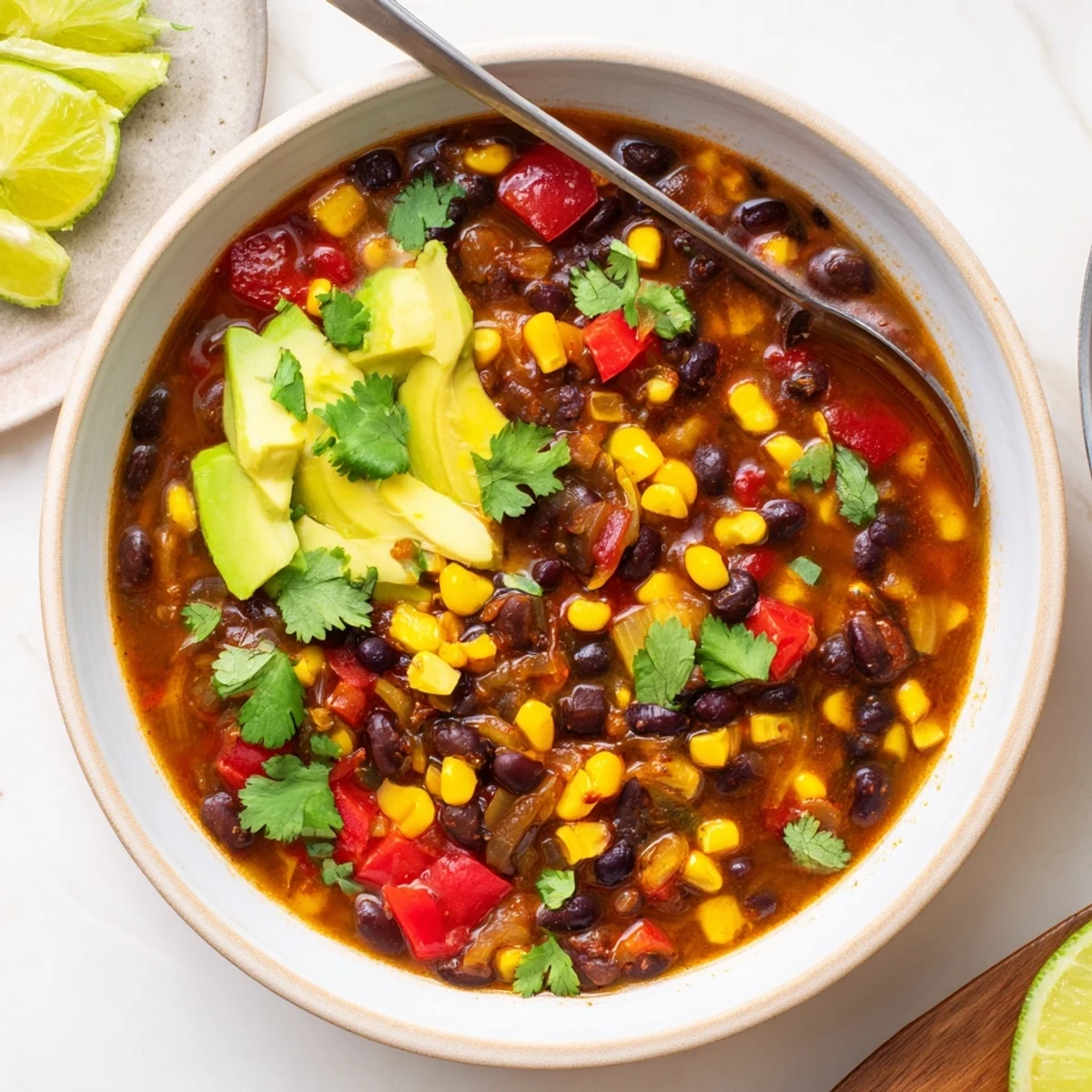 Close-up of Black Bean Corn Chili Lime Delight served with lime wedges on the side.