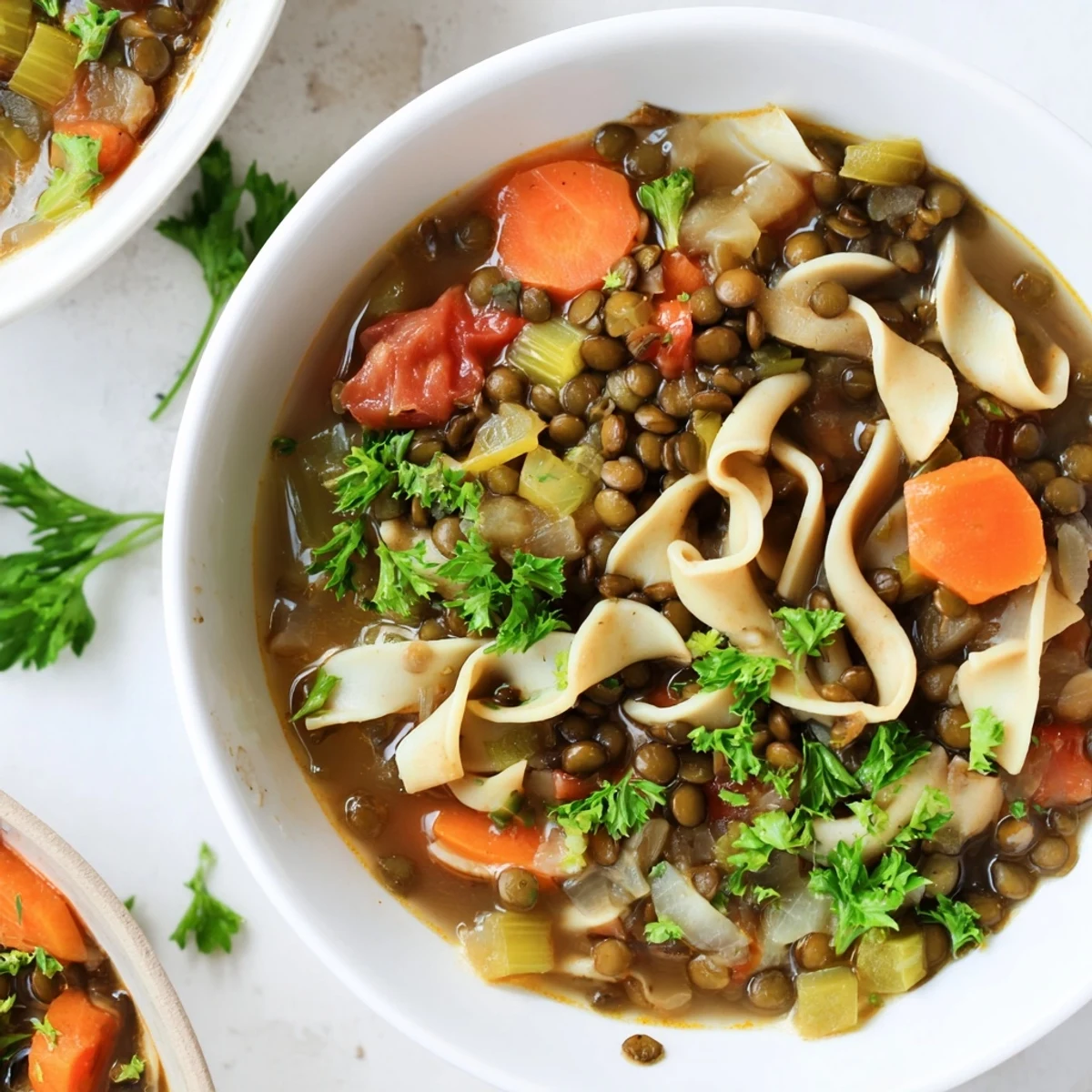 A warm bowl of homemade Lentil Noodle Soup steams beside a slice of crusty bread for dipping.