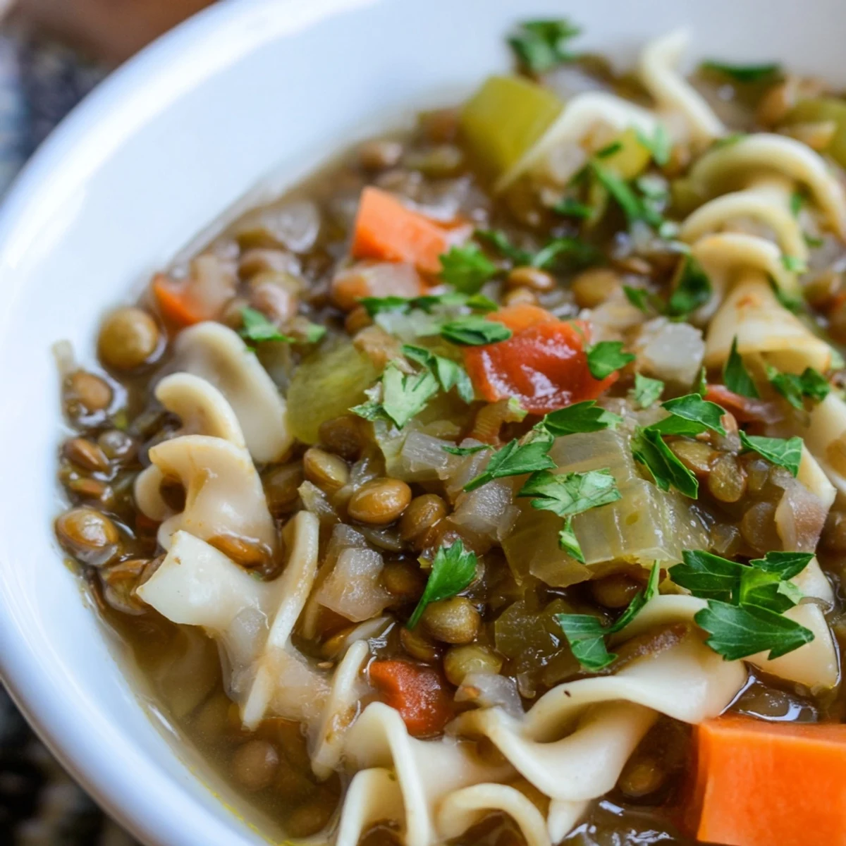 Fresh parsley garnishes this savory Lentil Noodle Soup, featuring tender lentils and vegetables in a rich broth.