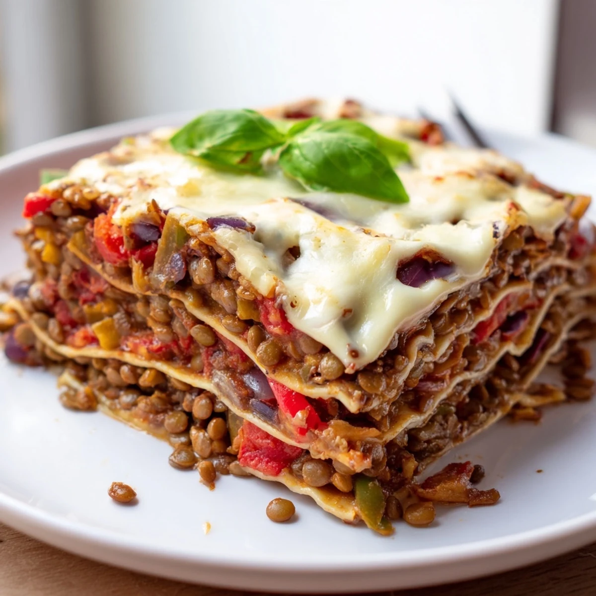 Overhead view of a freshly baked Smoky Veggie Lentil Lasagna in a ceramic dish, ready to be served with a glass of red wine.