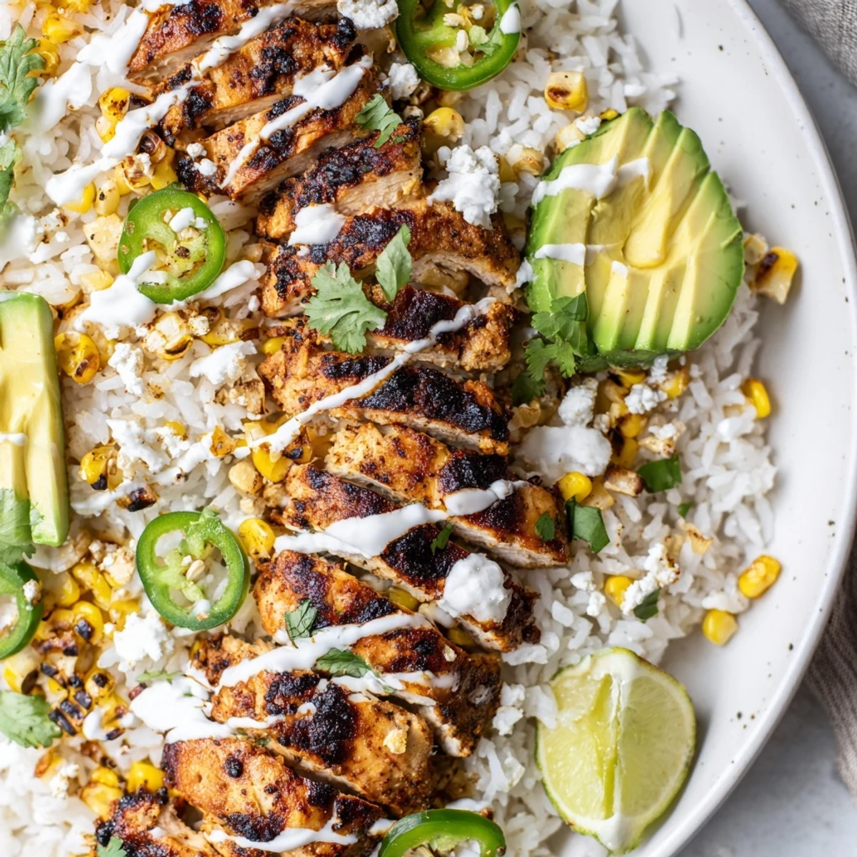 Grilled chicken, charred corn, and creamy crema in a vibrant Street Corn Chicken Bowl topped with avocado and cotija cheese.