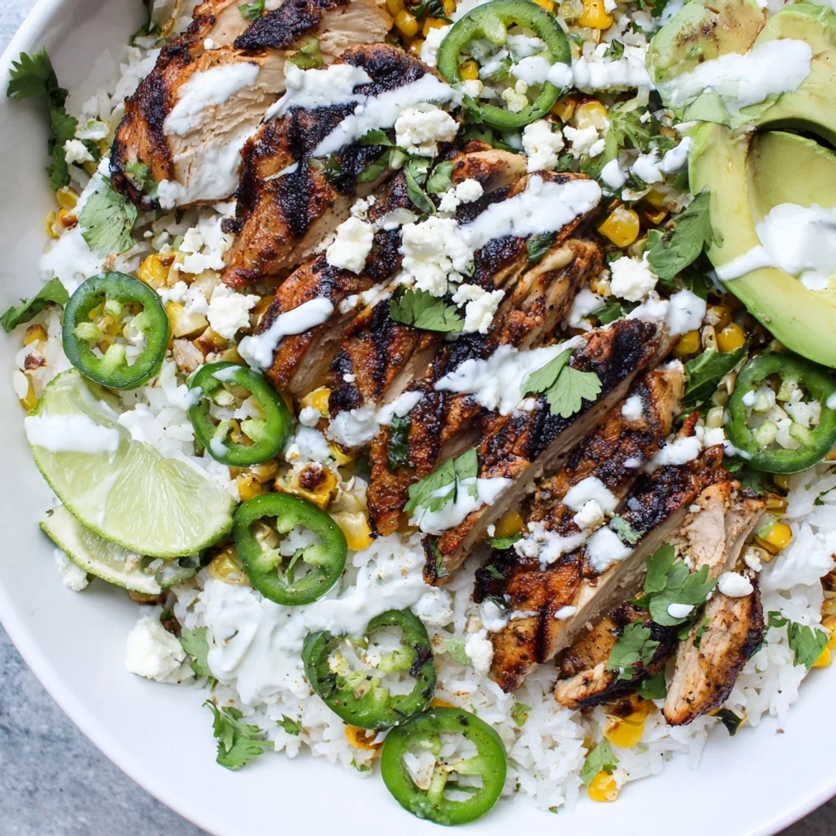A colorful Street Corn Chicken Bowl features sliced chicken, charred corn, avocado, and cotija cheese drizzled with creamy crema.