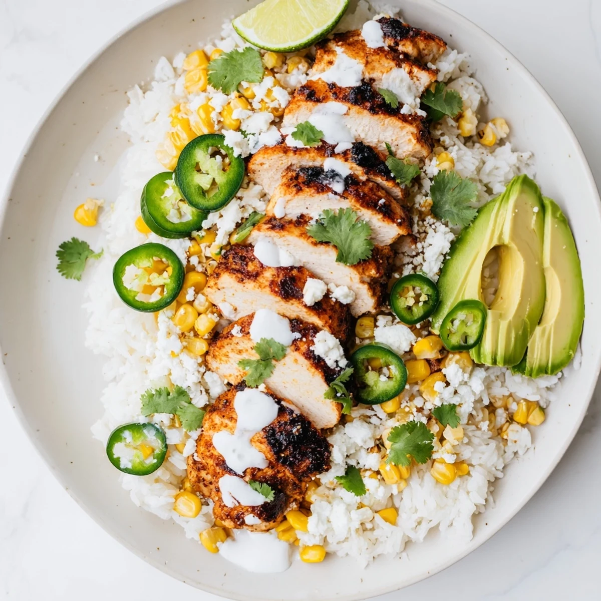 Juicy grilled chicken and sweet corn combine in a Street Corn Chicken Bowl with tangy crema, jalapeños, and cilantro.