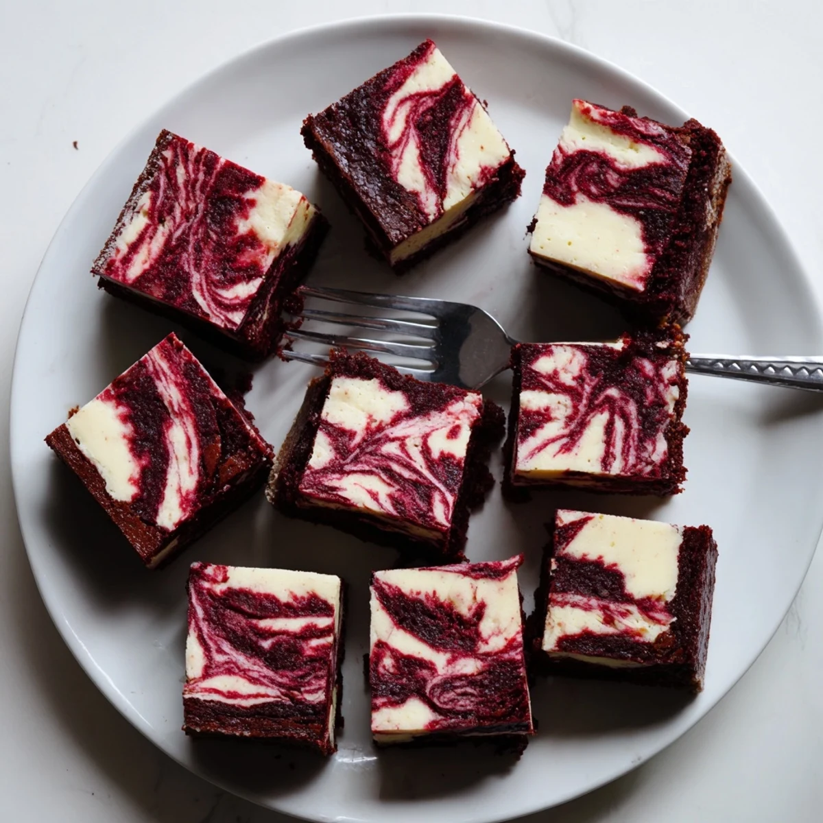 Warm Red Velvet Cheesecake Brownies with a rich red crumbly base and creamy swirls, presented on a white plate.