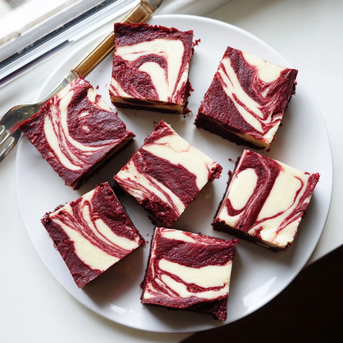 Decadent Red Velvet Cheesecake Brownies topped with crumbs, showing moist red velvet and smooth cream cheese swirls in good lighting.
