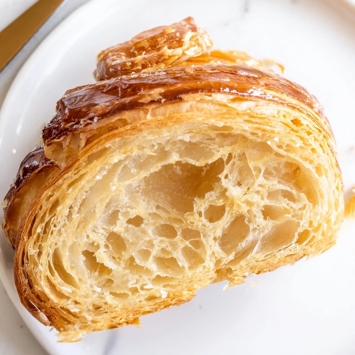 Freshly baked gluten-free croissants with golden, flaky layers on a rustic wooden board.
