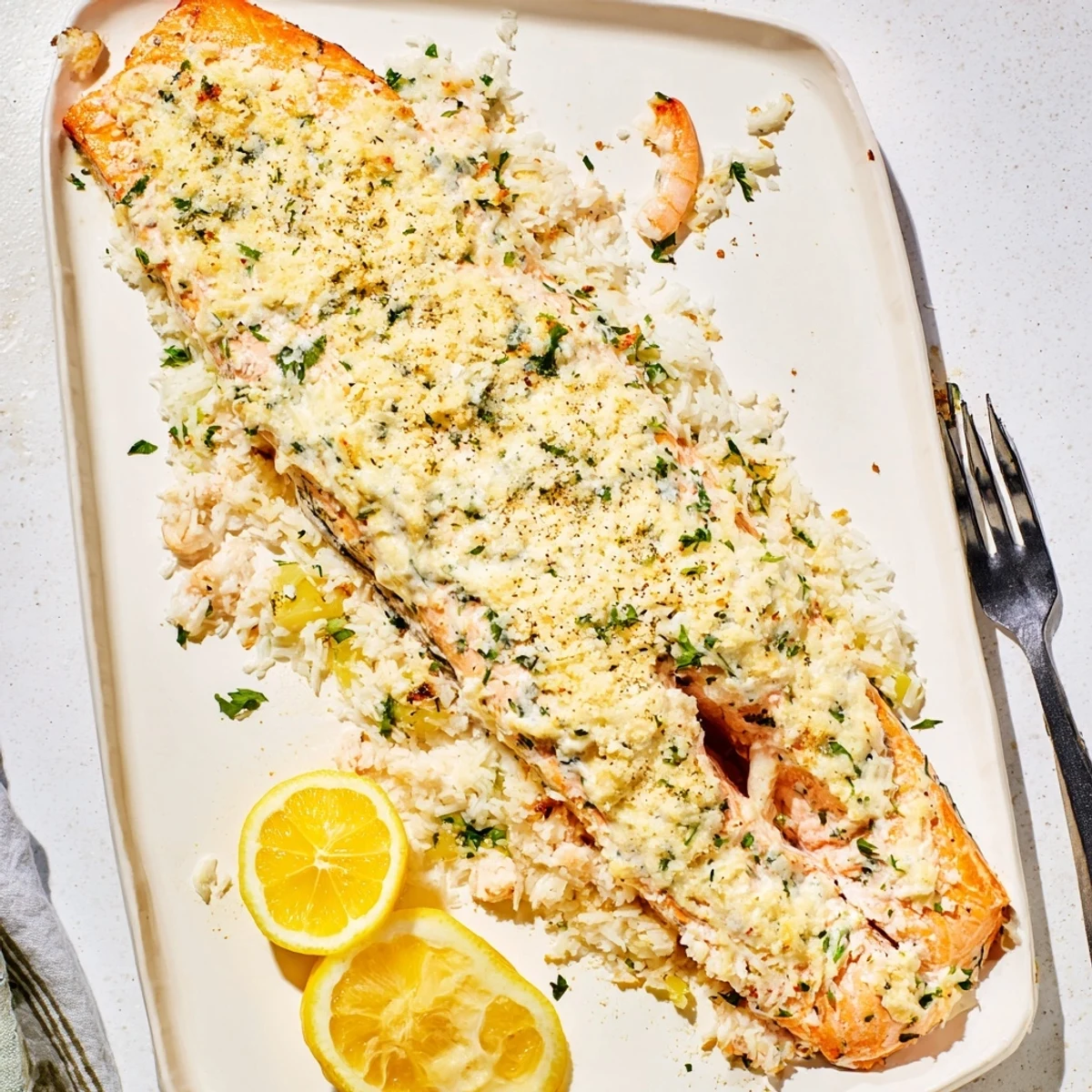 Golden-baked Crab & Shrimp Stuffed Salmon fillets with a creamy seafood filling and lemon garnish on a white plate.