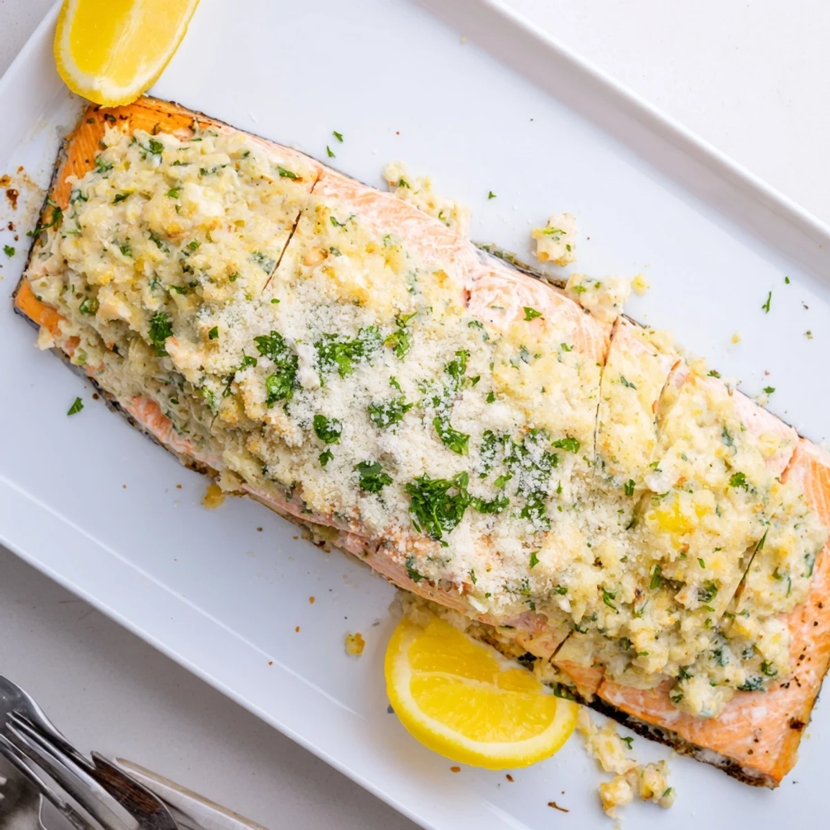 Tender Crab & Shrimp Stuffed Salmon ready to serve, featuring a savory crab and shrimp mixture and fresh parsley.