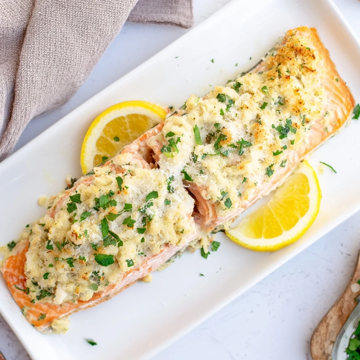 Close-up of Crab & Shrimp Stuffed Salmon flaking easily with a fork, revealing a rich, herb-infused seafood stuffing.
