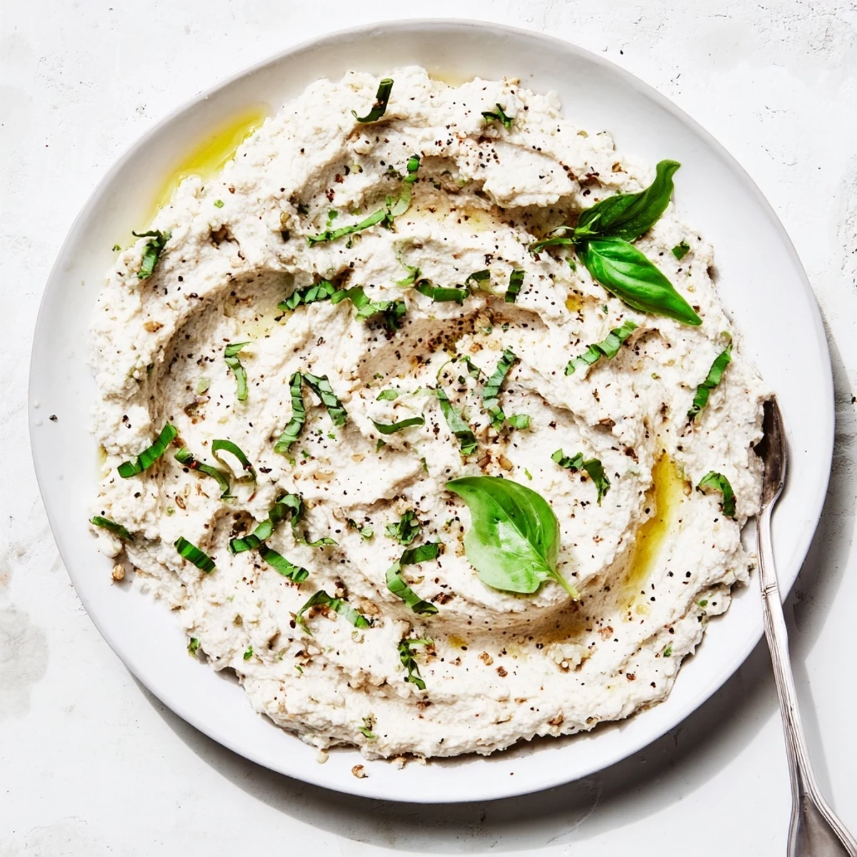 A creamy bowl of tofu ricotta garnished with fresh basil, ready to spread on vegan lasagna.